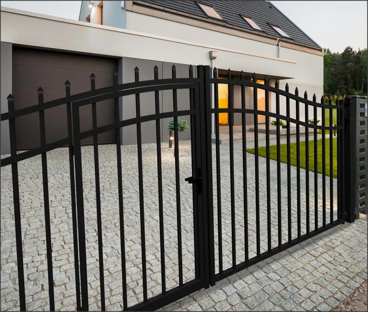 Dual Swing Driveway Gate with Built-In Pedestrian Door - Spearhead Style
