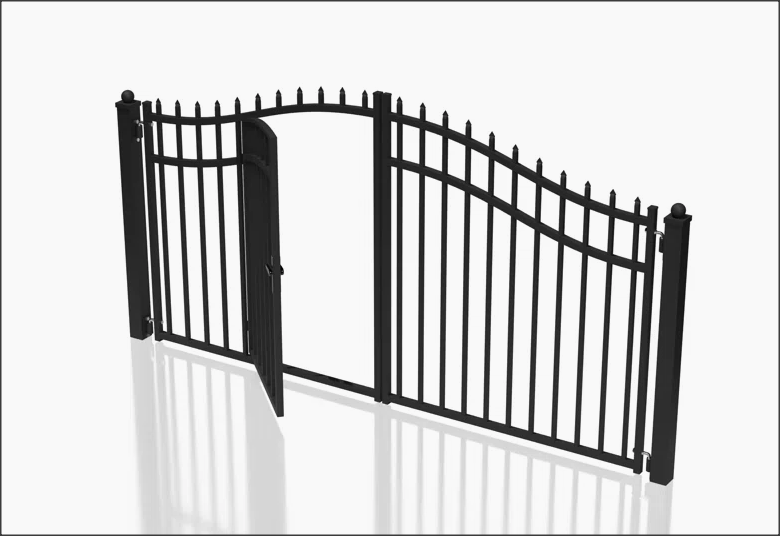 Dual Swing Driveway Gate with Built-In Pedestrian Door - Spearhead Style